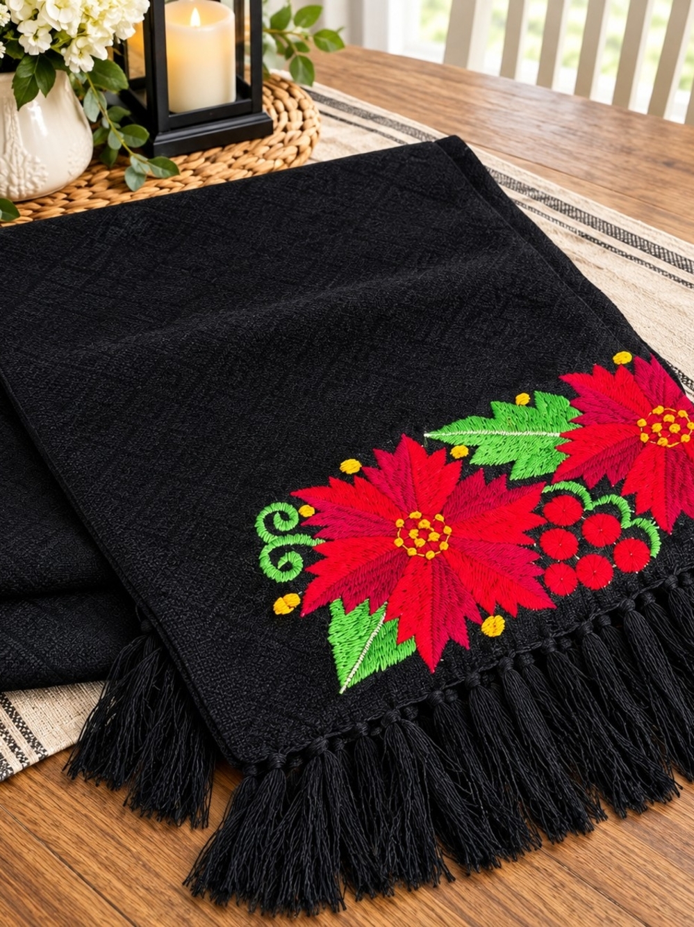 Black Poinsettia Embroidered Fringe Wrap / Reboso